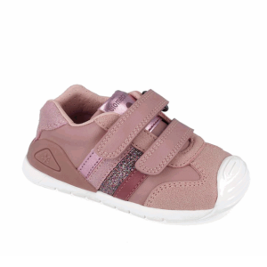 Deportiva rosa infantil de piel marca Biomecanics, respetuosa para primeros pasos, vista lateral con cierre de velcro