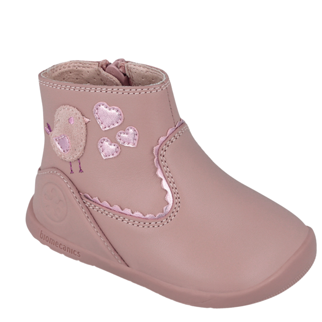 Bota infantil respetuosa de piel rosa para primeros pasos, con velcros y suela flexible Biomecanics