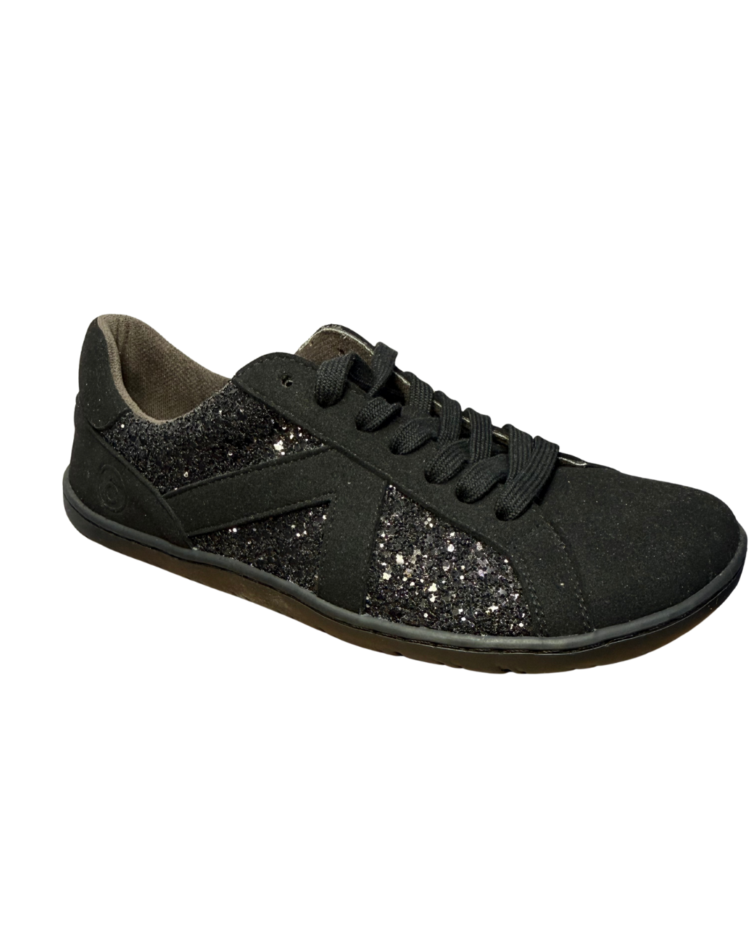 Zapatilla Coqueflex adulto negra con glitter, cómoda y ligera, vista lateral.