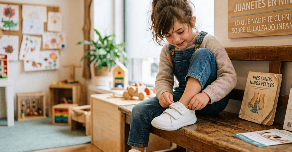 Niña probándose zapatos infantiles para prevenir juanetes en niños.