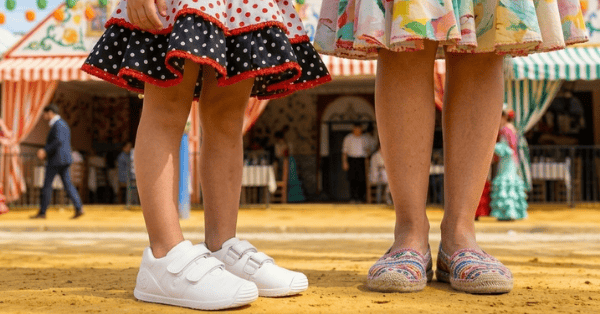 Dos niñas con calzado cómodo en la Feria de Sevilla, sin tacón, en un ambiente festivo y colorido.