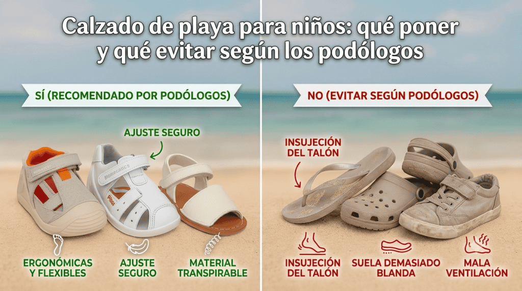 Calzado de playa para niños: qué poner y qué evitar según los podólogos