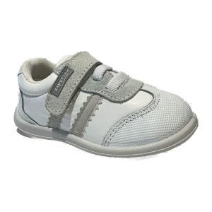 Deportiva respetuosa Zapyflex de piel blanca con detalle de antelina, vista lateral
